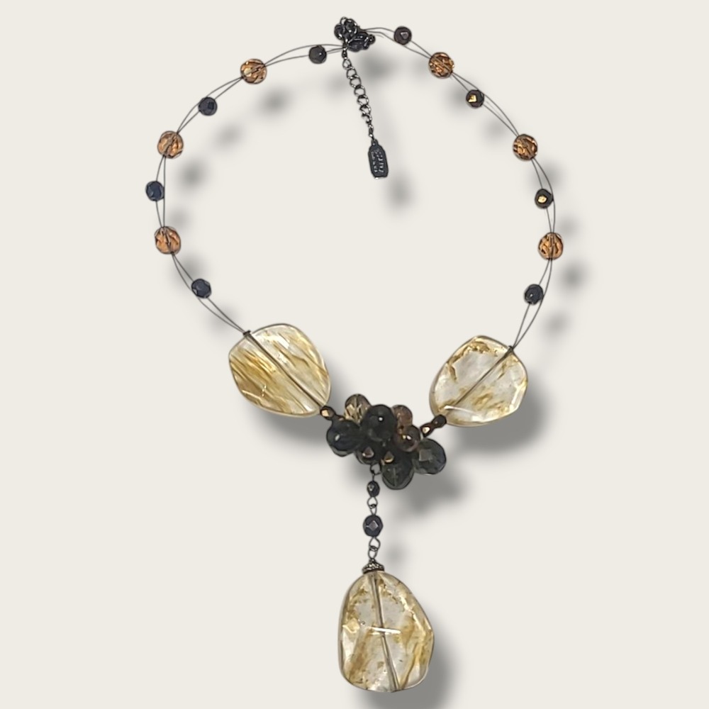 Vintage‎ Essence Crystal Glass Bead Y-Drop Necklace Black & Gold Tones